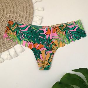 Victoria’s Secret PINK No Show Scallop Thong Panty Tropical Leaves Large NEW